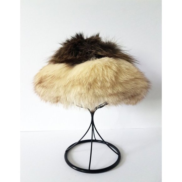 Vintage White and Brown Fox Fur Hat, Vintage Fluffy White Fur Hat - Picture 1 of 9